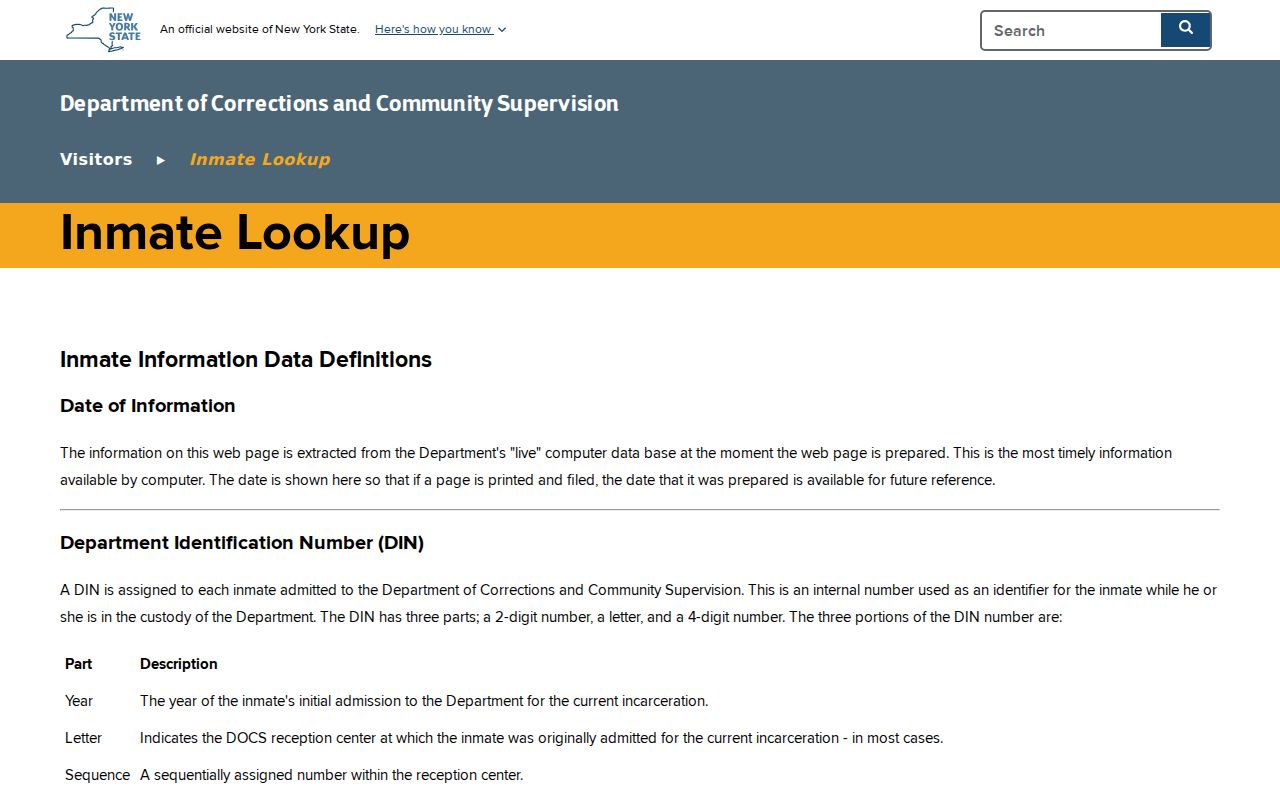 Warwick residents directory screenshot of the NYS DOCCS lookup entry page