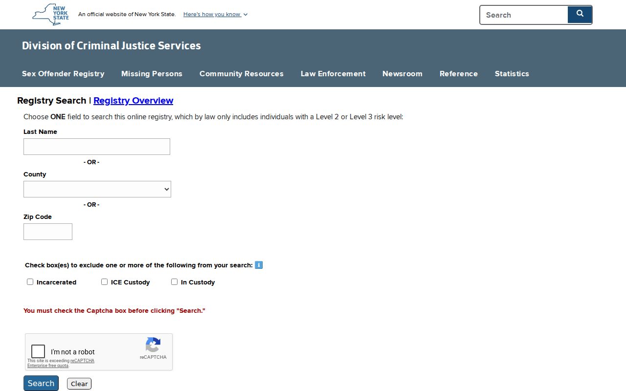 Warwick residents directory screenshot of the New York sex offender registry search form