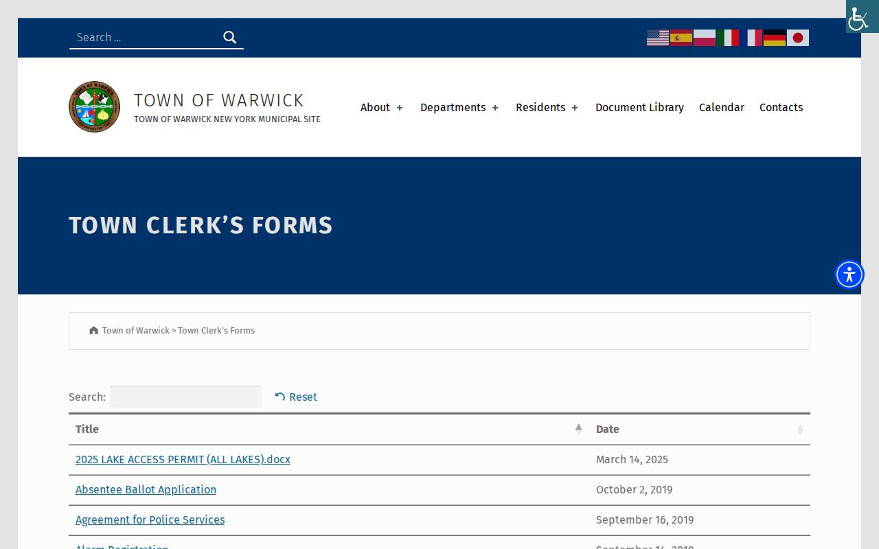 Warwick residents directory screenshot of Town Clerk forms and FOIL request routes