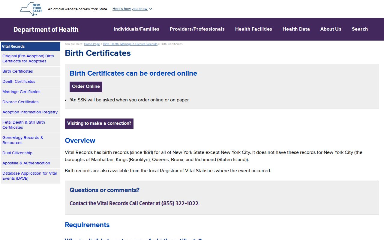 Warwick resident lookup vital-record source at the New York birth certificate page