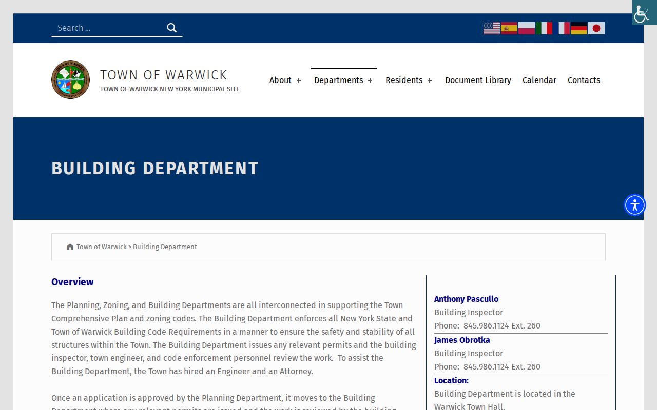 Warwick street directory Town Building Department address and permit page